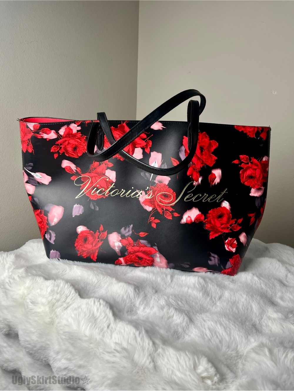 Victoria’s Secret Black Red Pink Rose Floral Large Tote Bag Romantic EUC